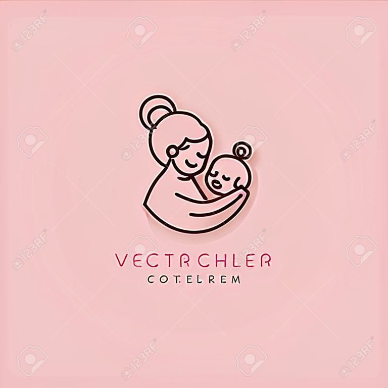 Plantilla de diseño de logotipo vectorial y emblema en estilo de línea simple - feliz madre e hijo - insignia para tienda de niños y centros de cuidado de bebés