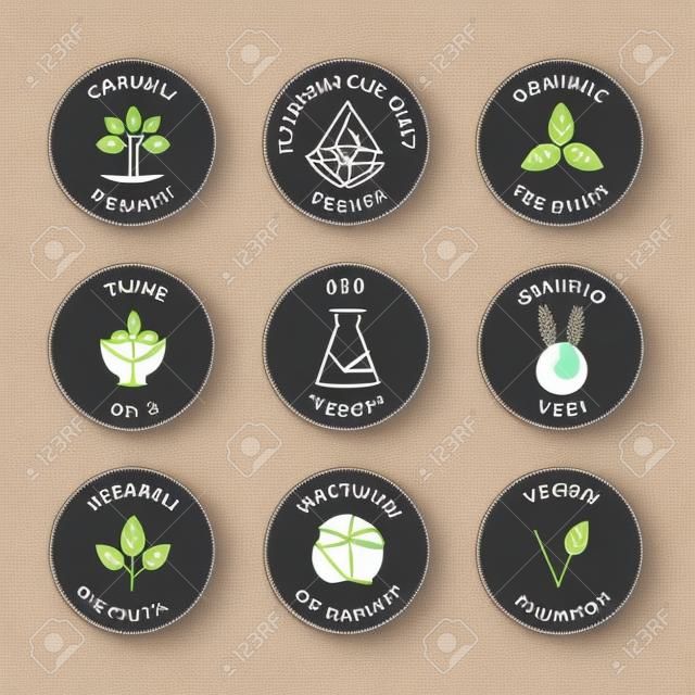 Vector set of design elements, design templates, icons and badges for natural and organic cosmetics packaging in trendy linear style - 100% natural, dermatologically and lab tested, vegan and cruelty free