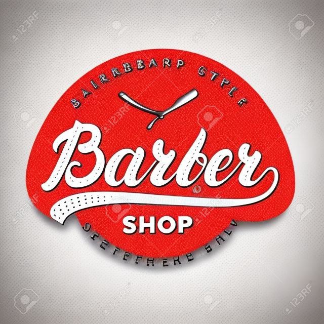 Barber Shop handgeschriebene Schriftzug-Logo, Abzeichen, Etikett. Design-Logo-Vorlage. Vintage-Emblem auf weißem Hintergrund. Vektor-Illustration.