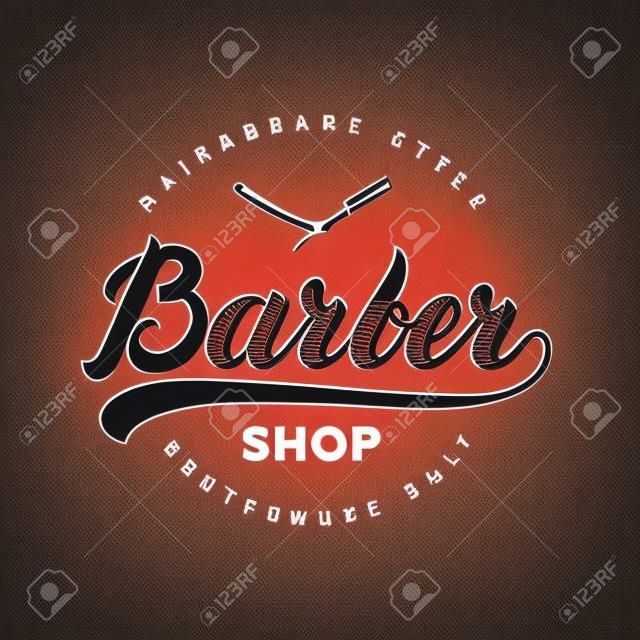 Logotipo de la tienda de barbero letras de la mano escrita, insignia, etiqueta. Diseño logotipo de la plantilla. Emblema de la vendimia en el fondo blanco. Ilustración del vector.