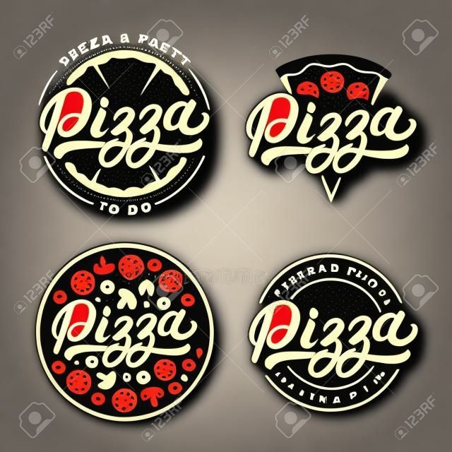 Set of pizza hand written lettering logo, label, badge. Emblem for fast food restaurant, pizzaria, cafe. Isolated on background. Vector illustration.