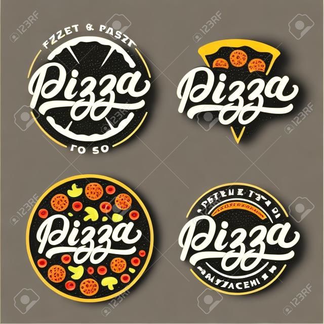 Set of pizza hand written lettering logo, label, badge. Emblem for fast food restaurant, pizzaria, cafe. Isolated on background. Vector illustration.