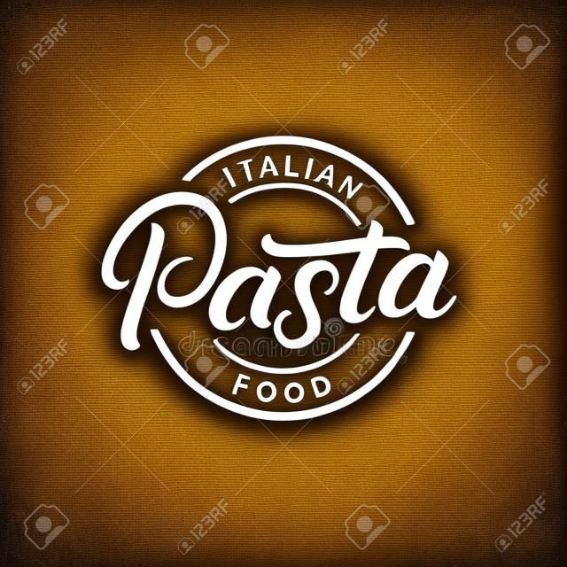 Makarna el yazısı yazı logosu, etiket, rozet, amblem. İtalyan yemekleri için modern kaligrafi. Vintage retro tarzı. Arka planda izole. Vektör illüstrasyonu.