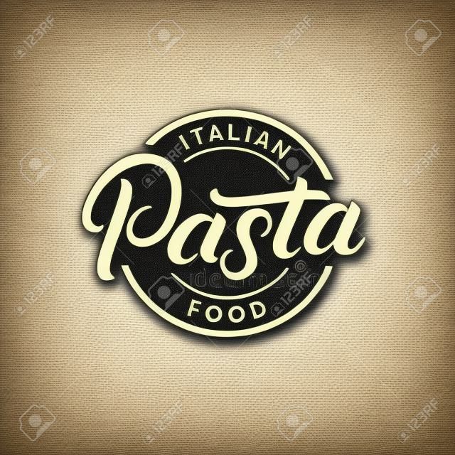 Pasta mano escrita rotulación logotipo, etiqueta, insignia, emblema. Caligrafía moderna para la comida italiana. Estilo retro de la vendimia. Aislado en el fondo. Ilustración del vector.