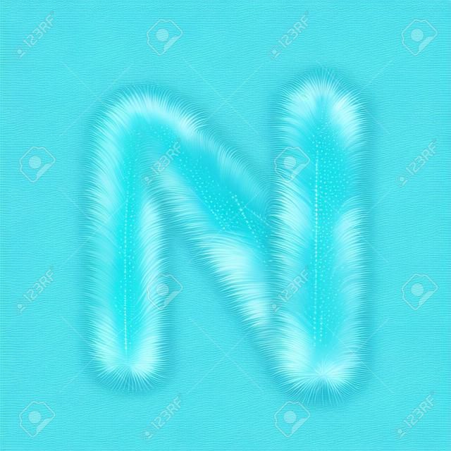 Feathered letter N font vector. Easy editable letters. Soft and realistic feathers. Blue, fluffy, hairy letter N, isolated on white background.