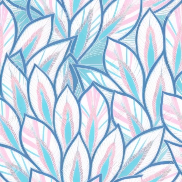 Eastern pattern with flowers, feathers and leaves in pale pink and blue shadows