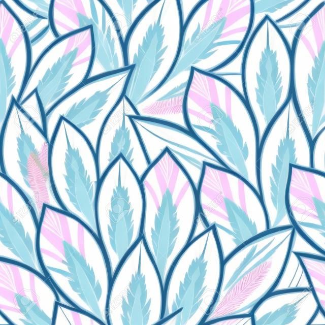 Eastern pattern with flowers, feathers and leaves in pale pink and blue shadows