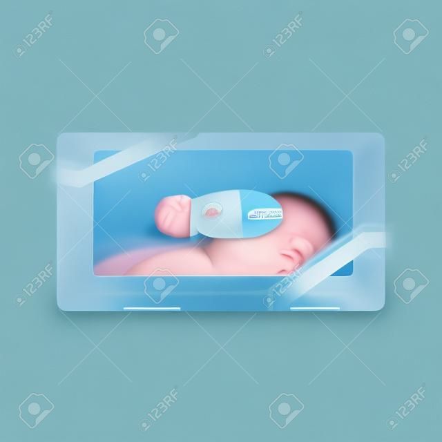A premature newborn in  a cap with a nasogastric tube lies in an incubator. Attached sensors to the body of the child. Neonatal resuscitation or neonatology in the hospital