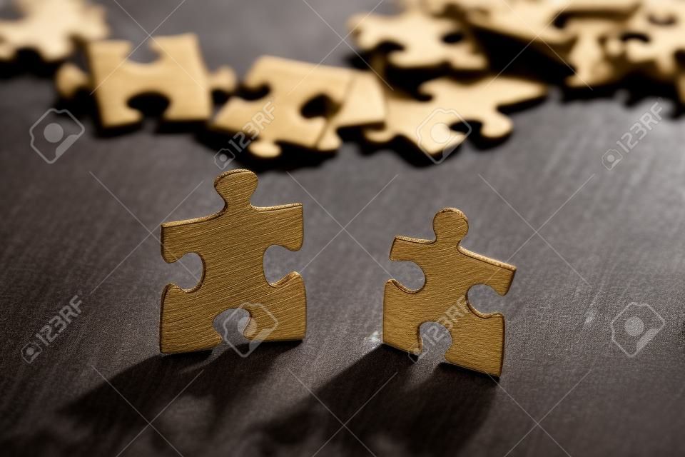 Closeup of two jigsaw puzzle pieces on table. Shallow depth of field