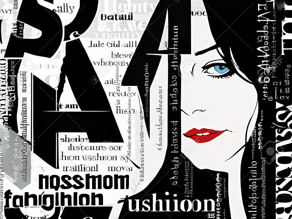 Vintage fashion background. Letters, words and stylish girl