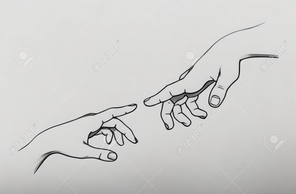 Sketch touching hands. Man and woman. Black and white.