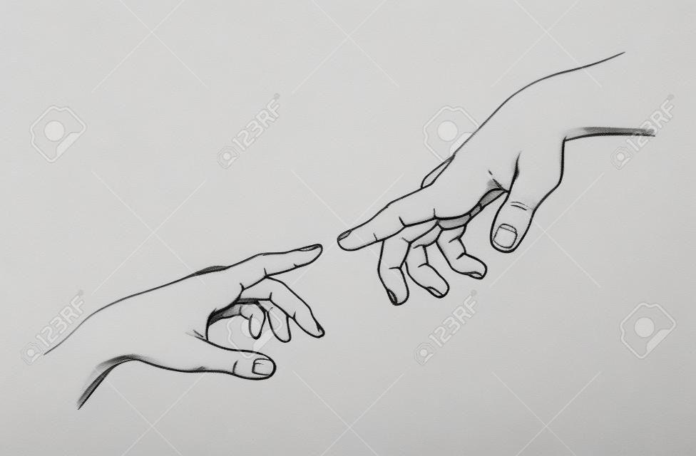 Bosquejo tocando las manos. Hombre y mujer. En blanco y negro.
