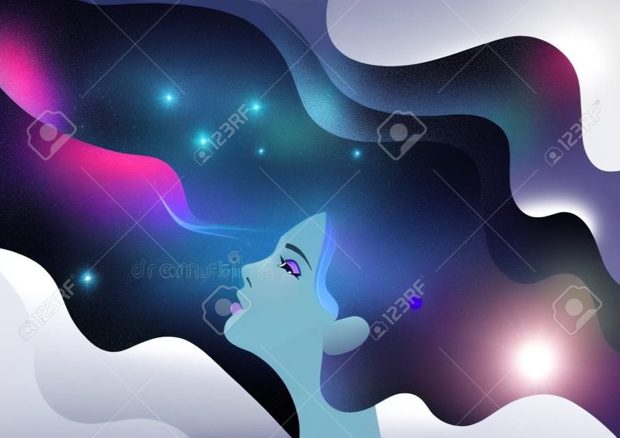 Il profilo di una ragazza con i capelli pieni di stelle dentro. Illustrazione vettoriale. Fantasia, spiritualità, occultismo.