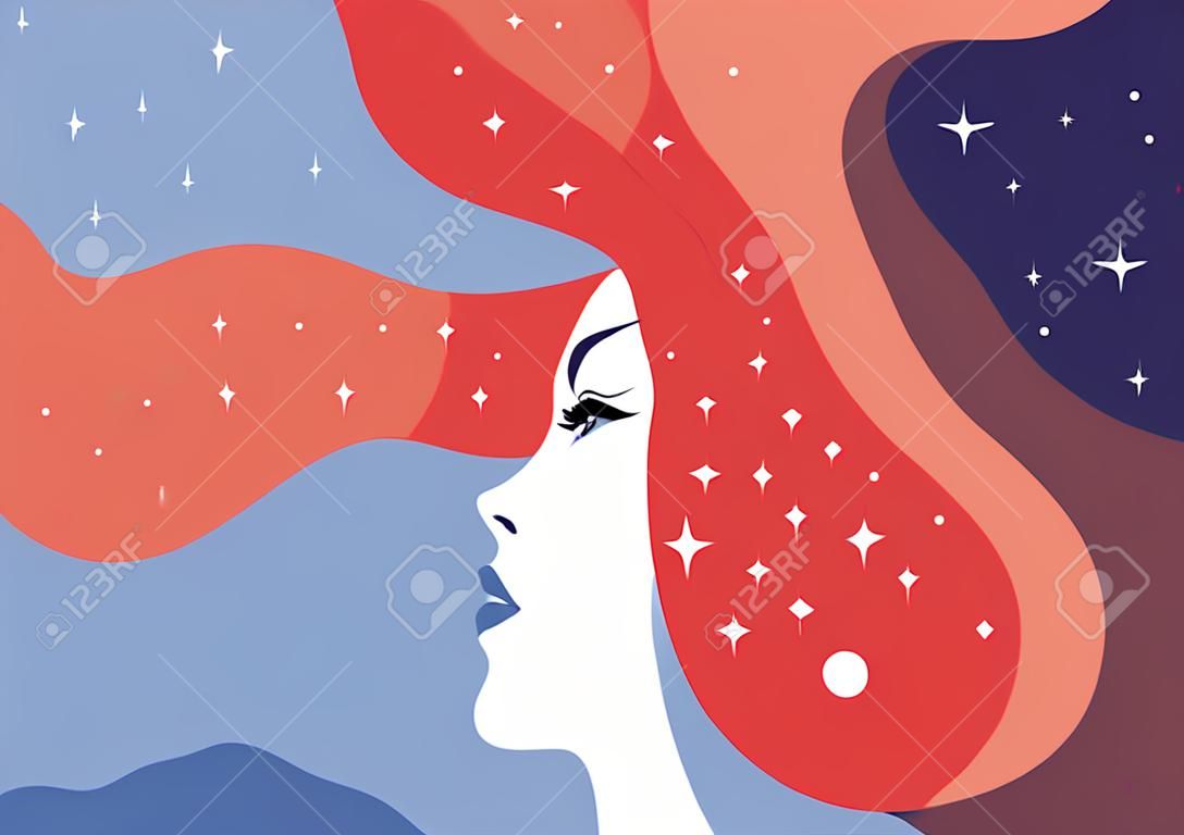 The profile of a girl with he hair full of stars inside. Vector illustration. Fantasy, spirituality, occultism.