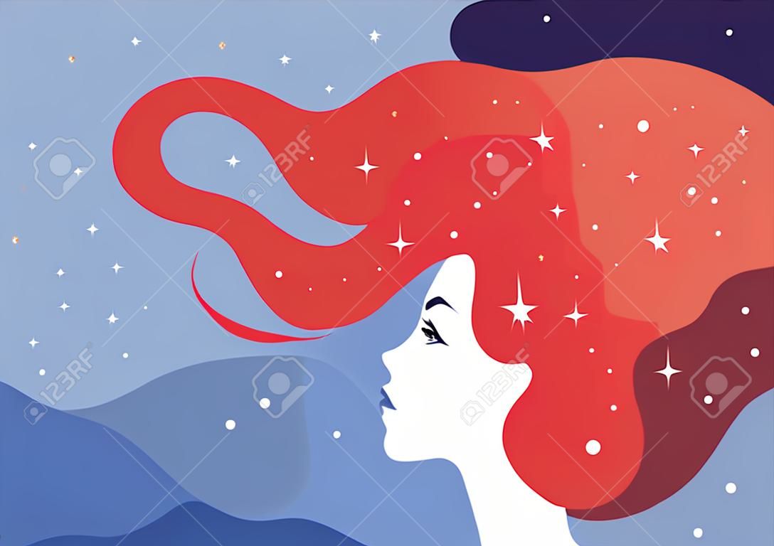 Profil dziewczyny z włosami pełnymi gwiazd w środku. ilustracja wektorowa. fantazja, duchowość, okultyzm.