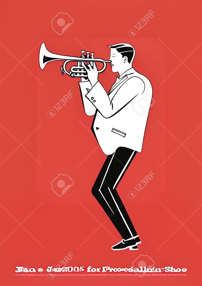 Concept for jazz poster. Man playing trumpet on red background. Sketch style illustration.