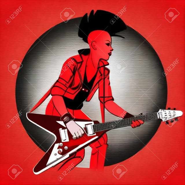 Punk woman with electric guitar in sketch style on red background.