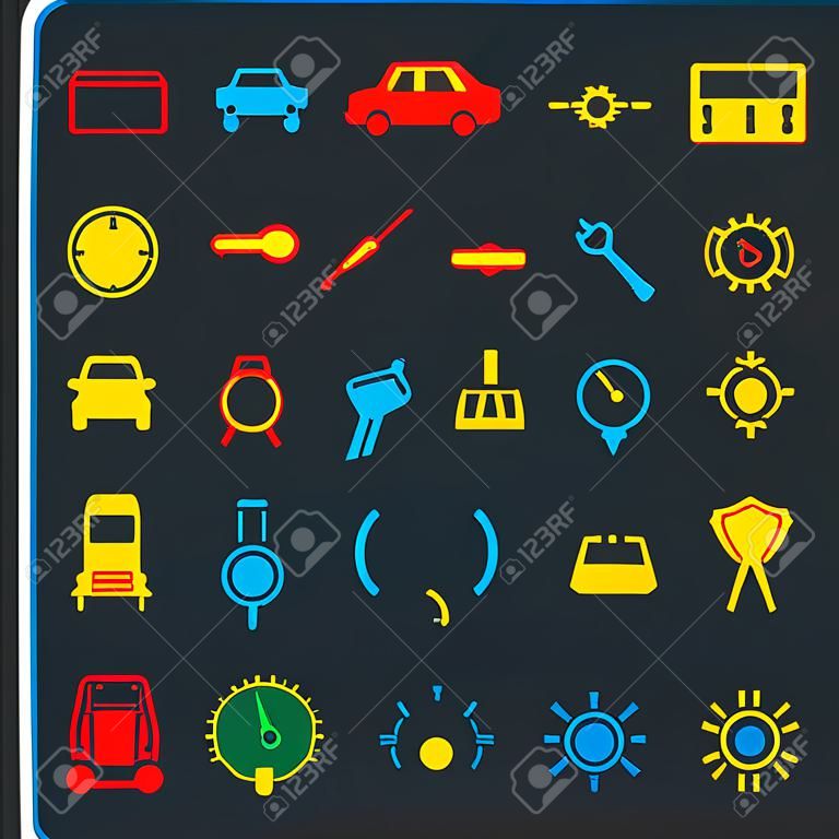 カラフルな車のダッシュボードインターフェイスとインジケータアイコンセット - サービスメンテナンスベクトルシンボル。