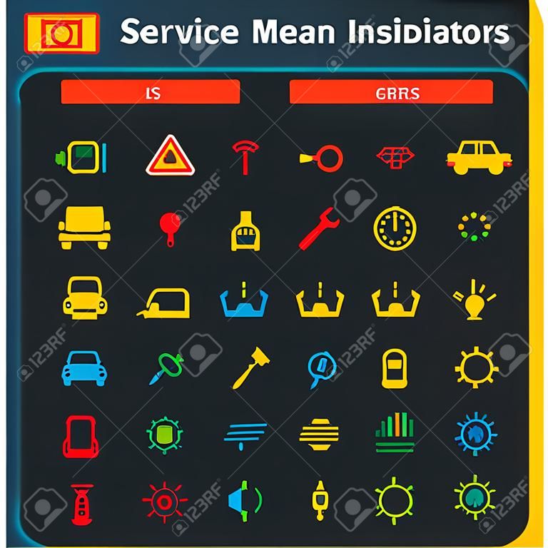 L'icona variopinta dell'interfaccia e degli indicatori del cruscotto dell'automobile ha messo - assista i simboli di vettore di manutenzione.