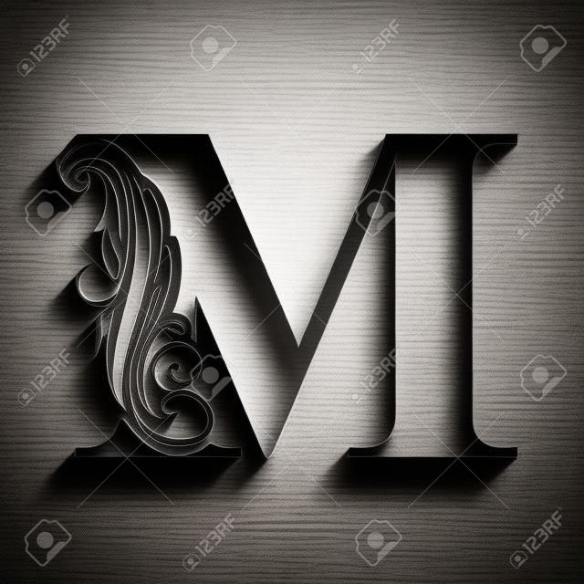letter M.   Black flower alphabet.  Beautiful capital letters with shadow