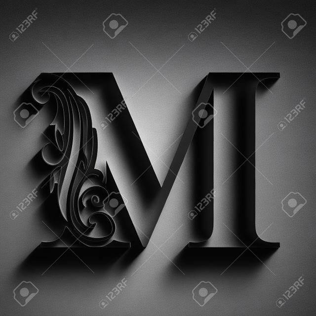 litera M. Alfabet czarny kwiat. Piękne wielkie litery z cieniem