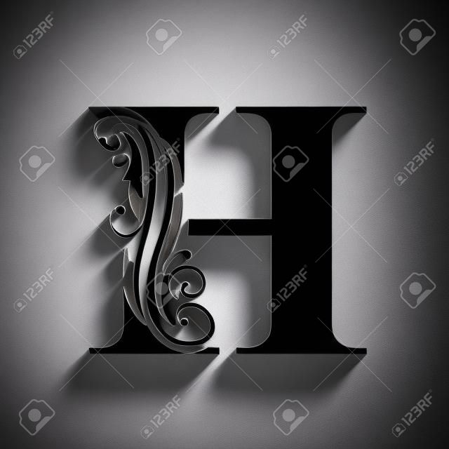 letra H. Alfabeto de flor preta. Letras maiúsculas bonitas com sombra