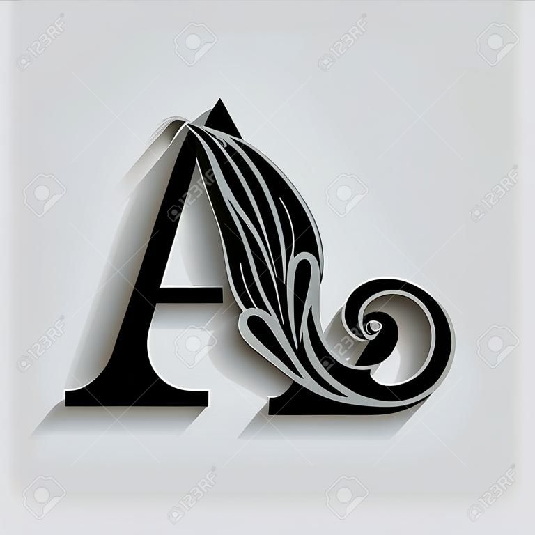 lettera A. Alfabeto fiore nero. Belle lettere maiuscole con ombra