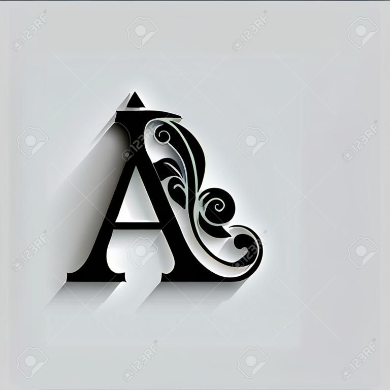 lettera A. Alfabeto fiore nero. Belle lettere maiuscole con ombra