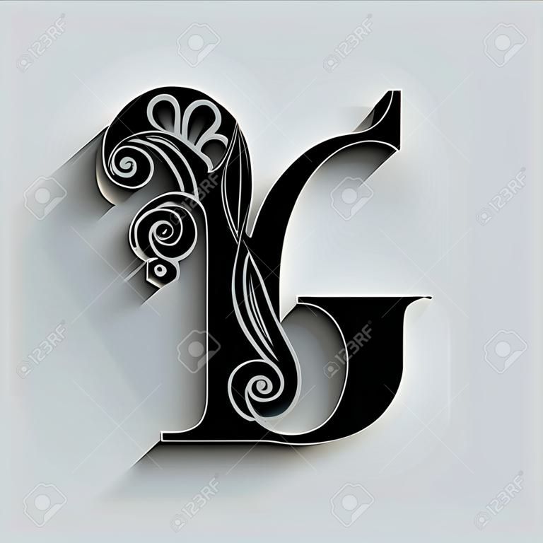 letter G.   Black flower alphabet.  Beautiful capital letters with shadow
