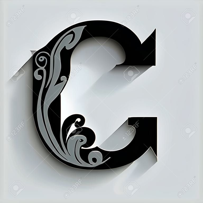 letter G.   Black flower alphabet.  Beautiful capital letters with shadow