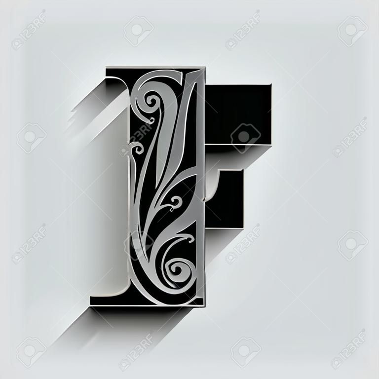 letra F. Alfabeto de flor preta. Letras maiúsculas bonitas com sombra