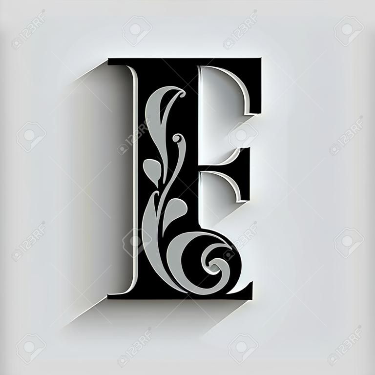 letter F.   Black flower alphabet.  Beautiful capital letters with shadow