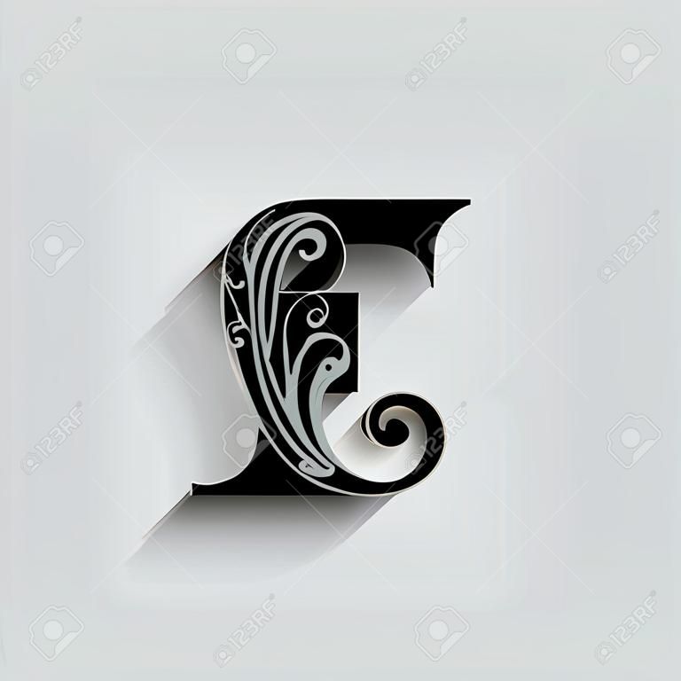 letra F. Alfabeto de flor preta. Letras maiúsculas bonitas com sombra