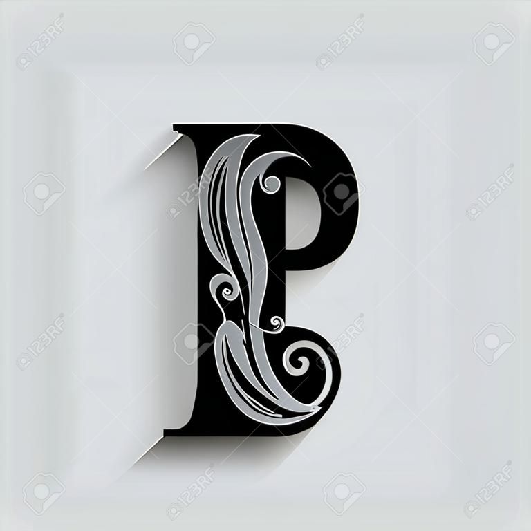 letter F.   Black flower alphabet.  Beautiful capital letters with shadow