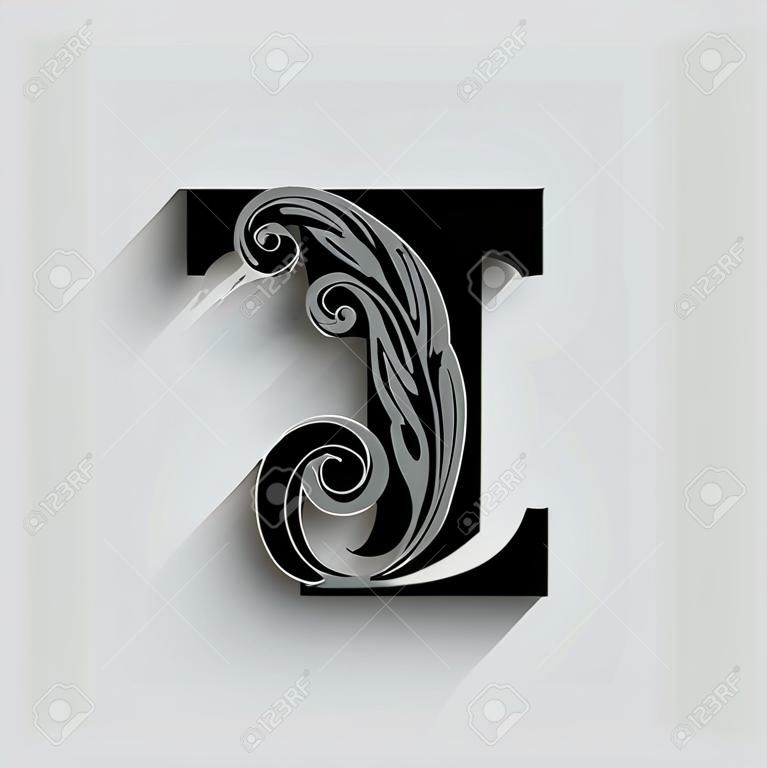lettre F. Alphabet de fleur noire. Belles lettres majuscules avec ombre