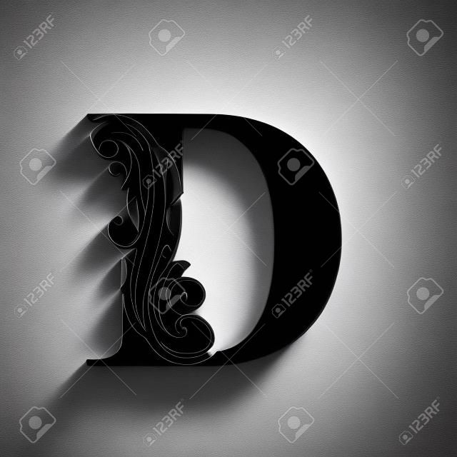 letter D.   Black flower alphabet.  Beautiful capital letters with shadow
