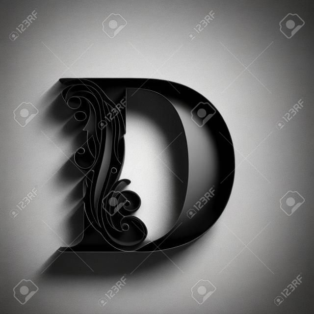 letter D.   Black flower alphabet.  Beautiful capital letters with shadow