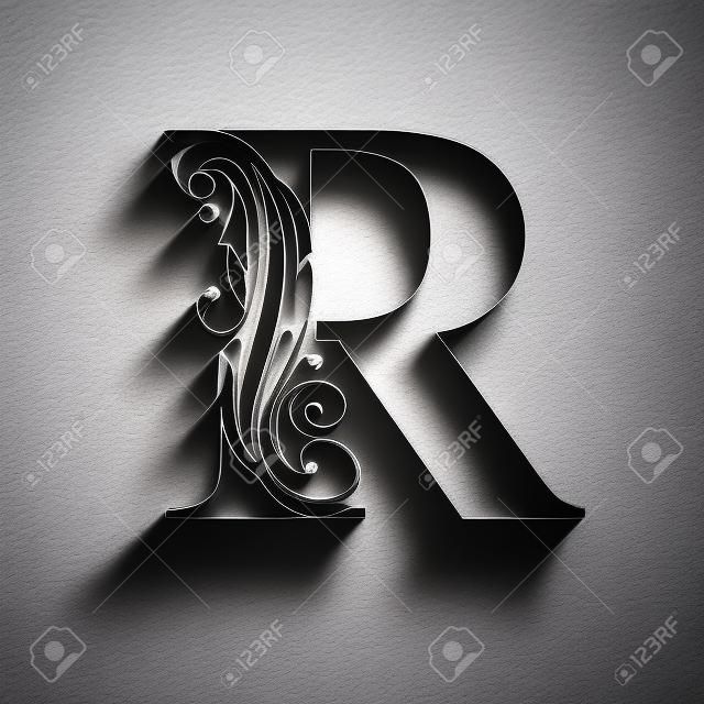 letter R.   Black flower alphabet.  Beautiful capital letters with shadow