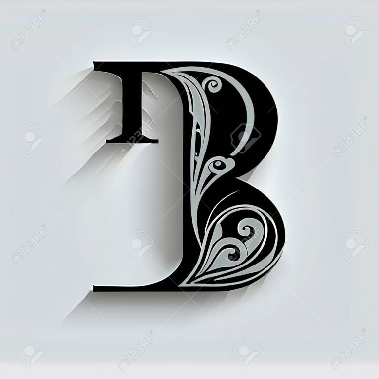 letter R.   Black flower alphabet.  Beautiful capital letters with shadow