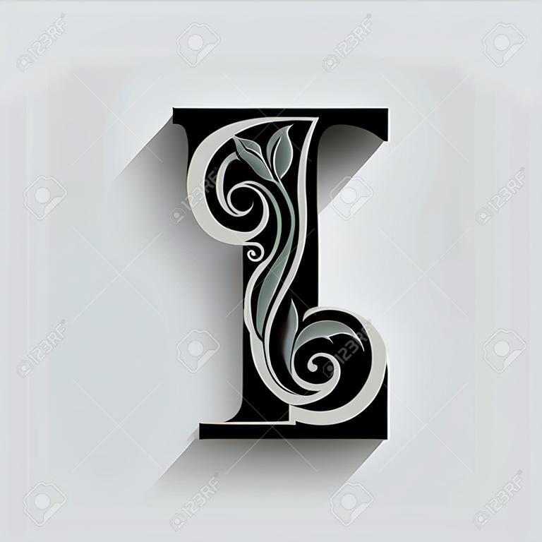 letter T.   Black flower alphabet.  Beautiful capital letters with shadow