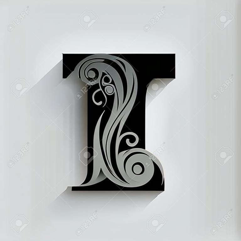 文字 T. 黒の花のアルファベット。影のある美しい大文字