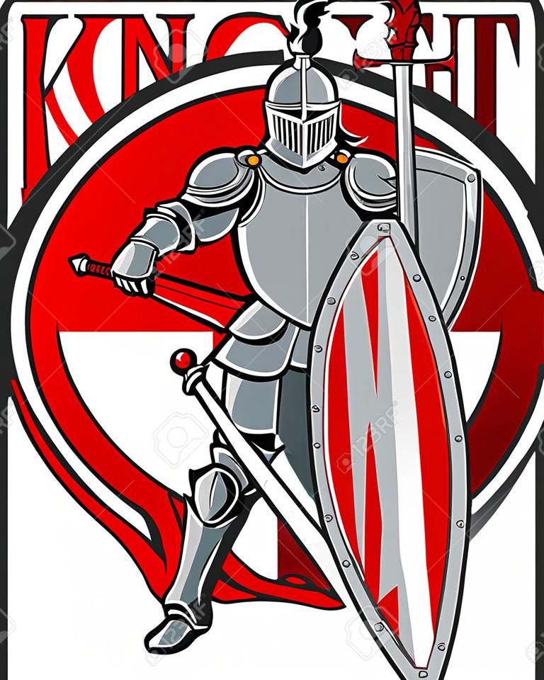Vektör illüstrasyon şövalye kılıç tutanak kırmızı daire arka plan ile beyaz arka plan üzerinde izole