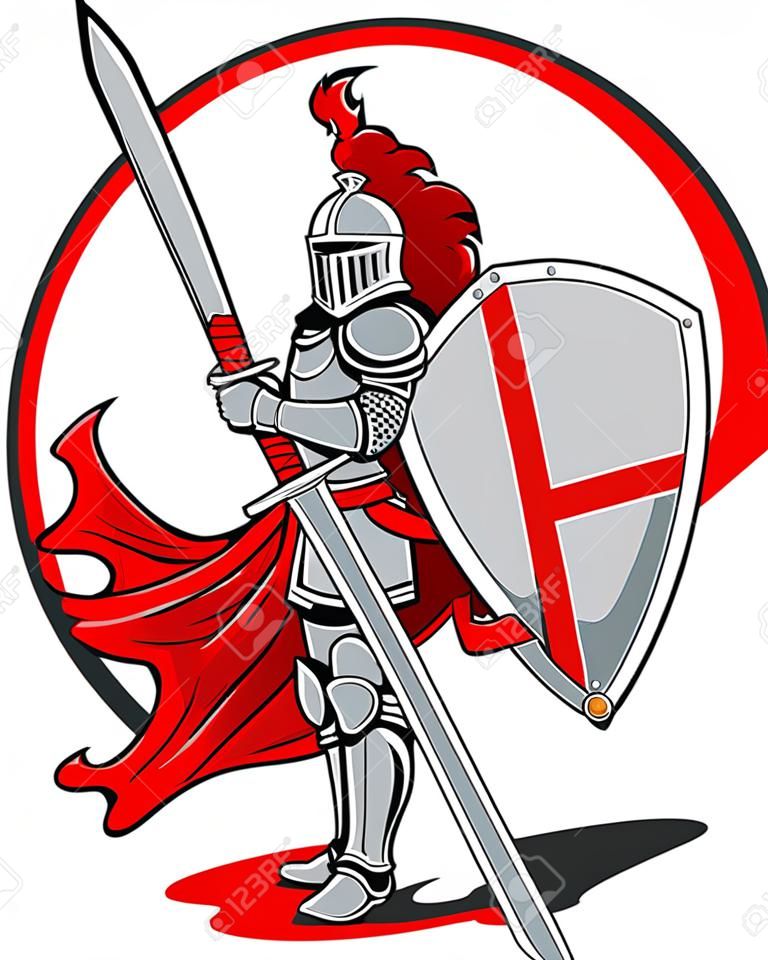 Vektör illüstrasyon şövalye kılıç tutanak kırmızı daire arka plan ile beyaz arka plan üzerinde izole
