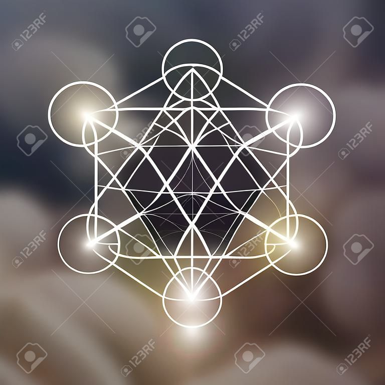 Earth element symbol inside Metatron Cube and Flower of Life in front of natural blurry background. Sacred geometry futuristic vector design.