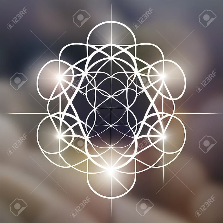 Earth element symbol inside Metatron Cube and Flower of Life in front of natural blurry background. Sacred geometry futuristic vector design.
