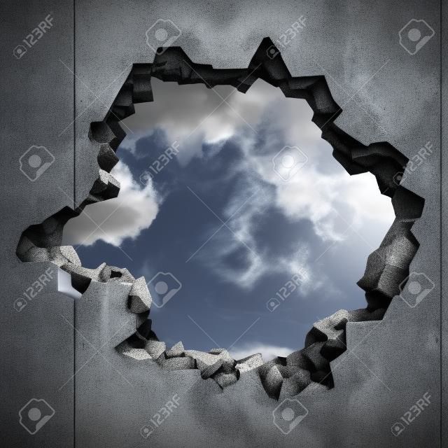 Cracked damage hole in concrete wall to cloudy sky. 3d render illustration