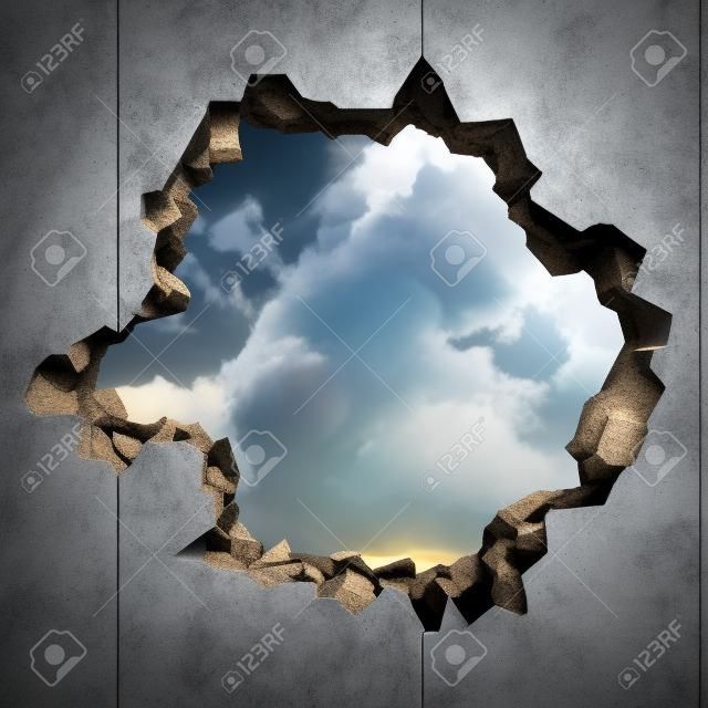 Cracked damage hole in concrete wall to cloudy sky. 3d render illustration