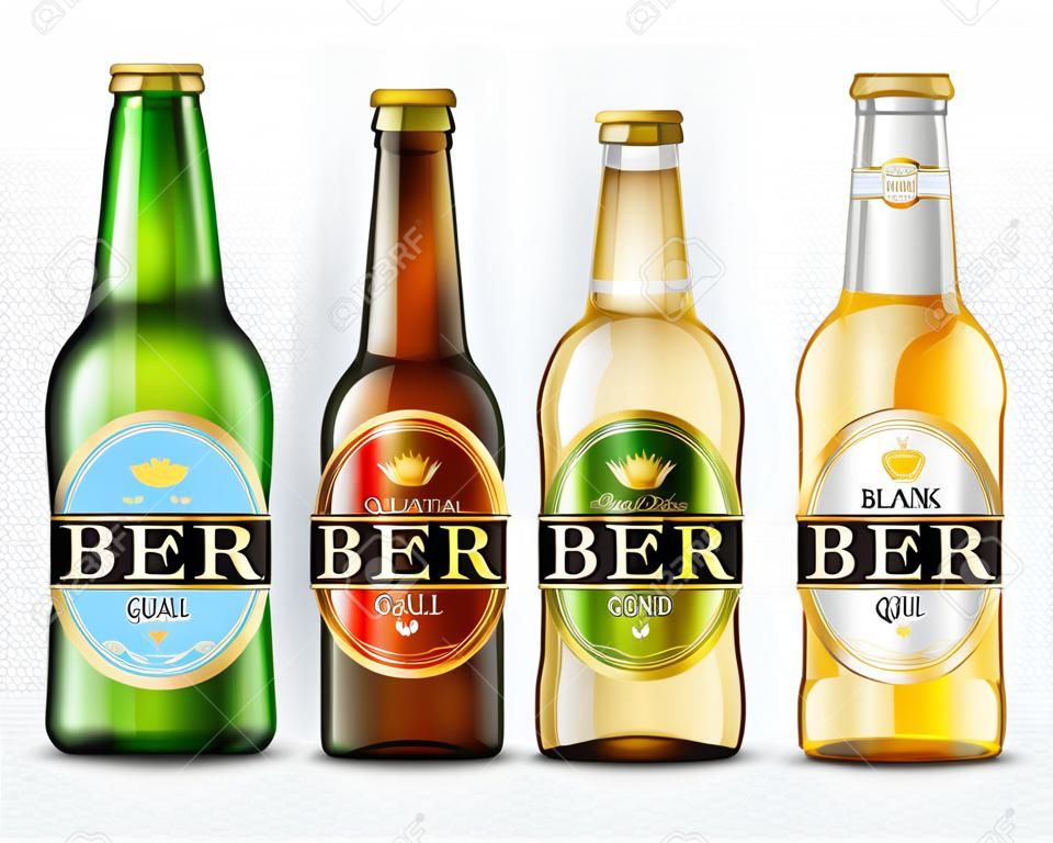 Realistische grüne, braune, gelbe und weiße Glasbierflaschen mit mit den verschiedenen Aufklebern lokalisiert auf transparentem Hintergrund. Modellschablone für Produktverpackungsanzeige verspotten.