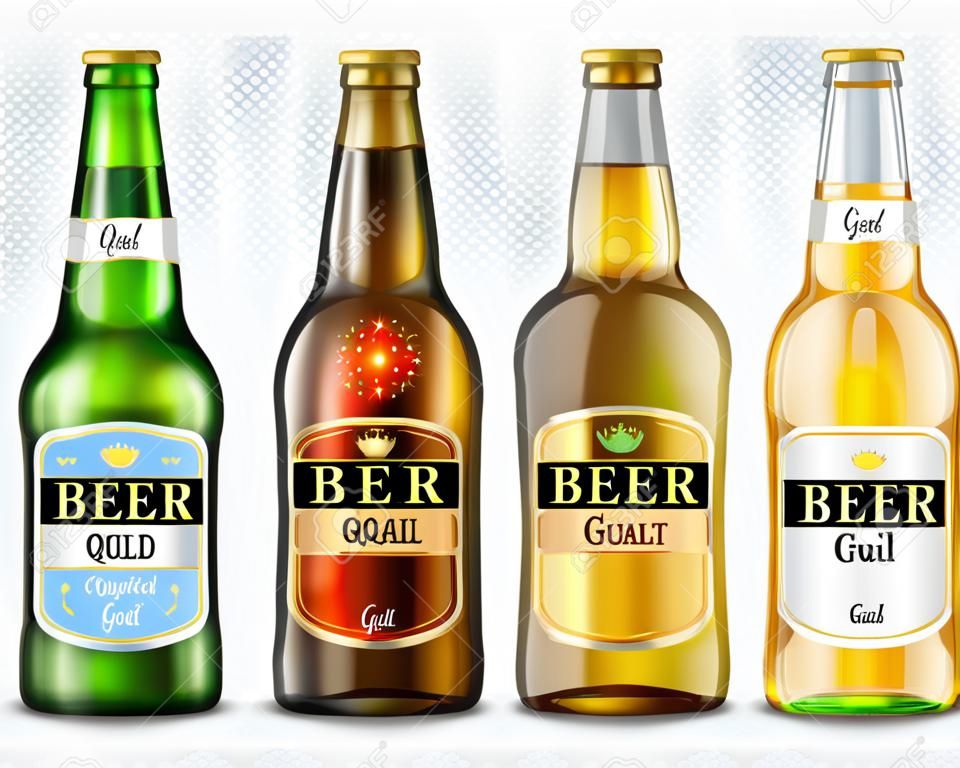 Realistische grüne, braune, gelbe und weiße Glasbierflaschen mit mit den verschiedenen Aufklebern lokalisiert auf transparentem Hintergrund. Modellschablone für Produktverpackungsanzeige verspotten.