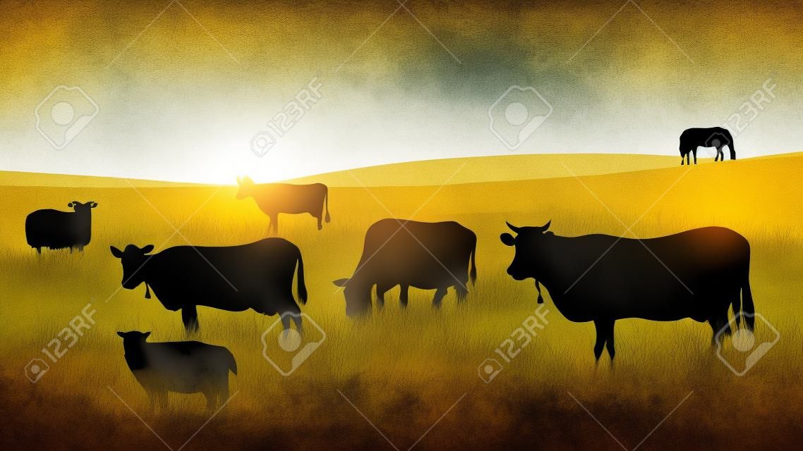 Горизонтальные иллюстрации силуэты пасущихся животных (корова, лошадь, овцы) на лугах.